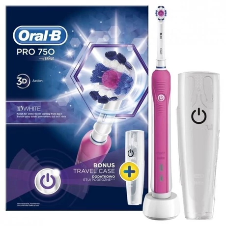 Oral-B PRO 750 3D White elektromos fogkefe utazótokkal - pink